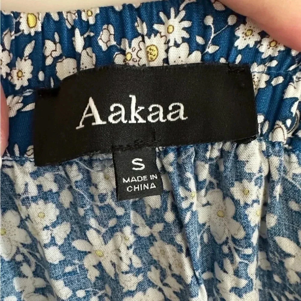 Aakaa Blue Ruffled White Floral Mini Skirt Drawstring Tassels Size Small